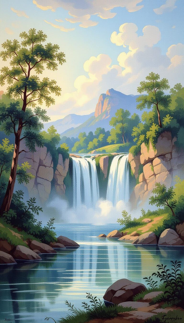 Waterfall Landscape in 17th Century Style