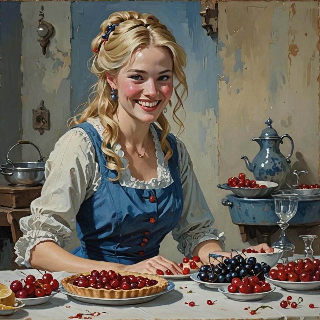 Woman Baking Cherry Pie in Organized Kitchen: Oil Painting