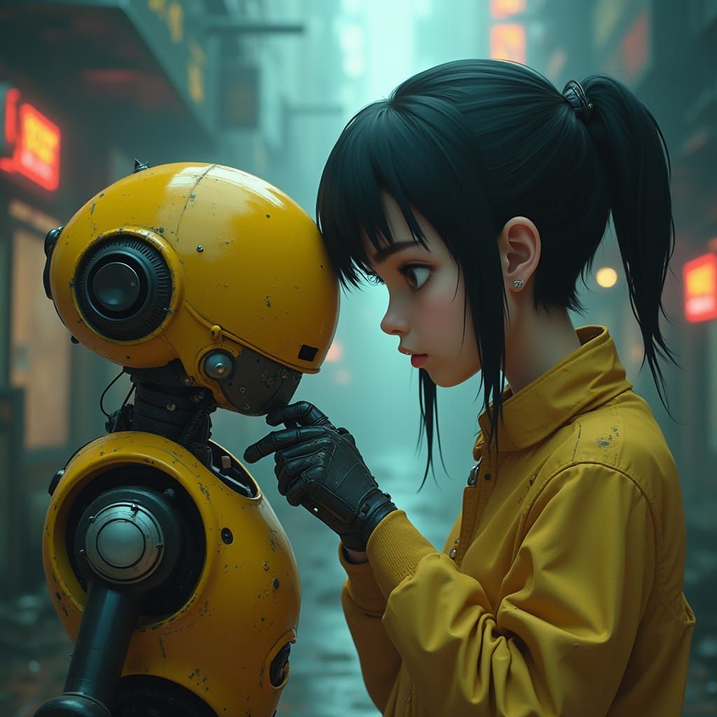 Sci-Fi Girl Repairs Yellow Robot Amidst Blurry Background