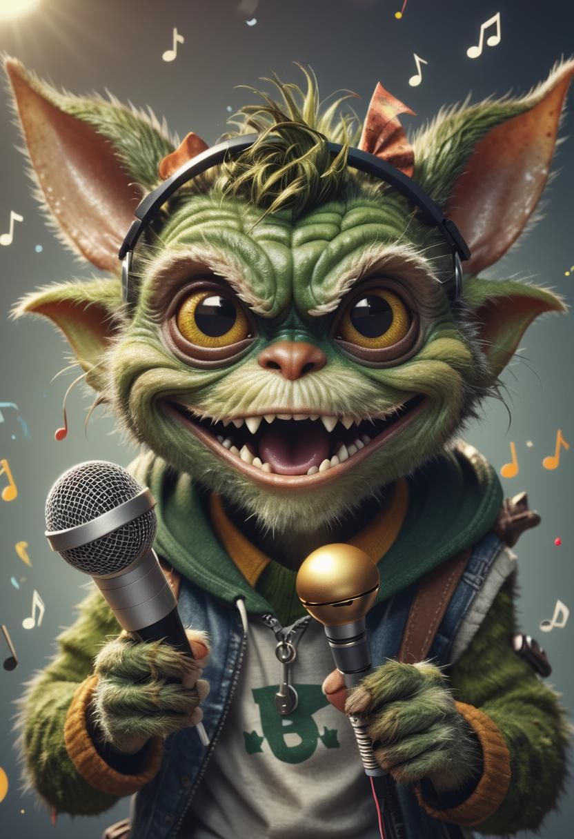Happy Gremlin Singing with Microphone in Hyperrealistic Styl...