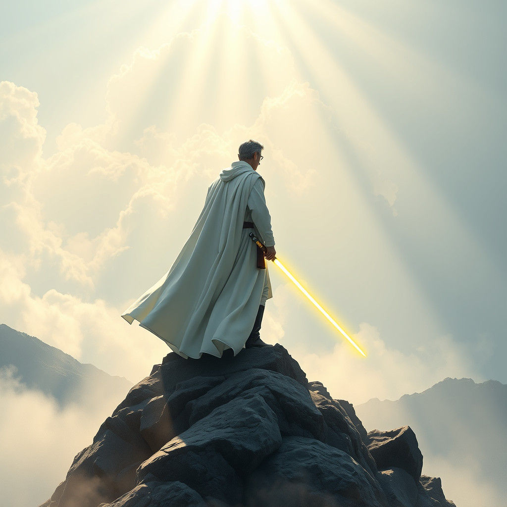 Ethereal Jedi Knight on Misty Mountain Peak