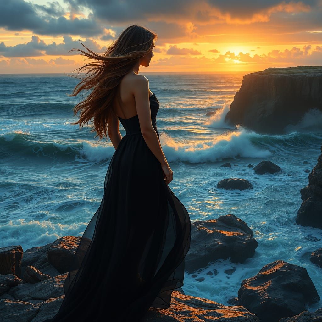 Woman Overlooking Ocean Sunset in Romanticism Style