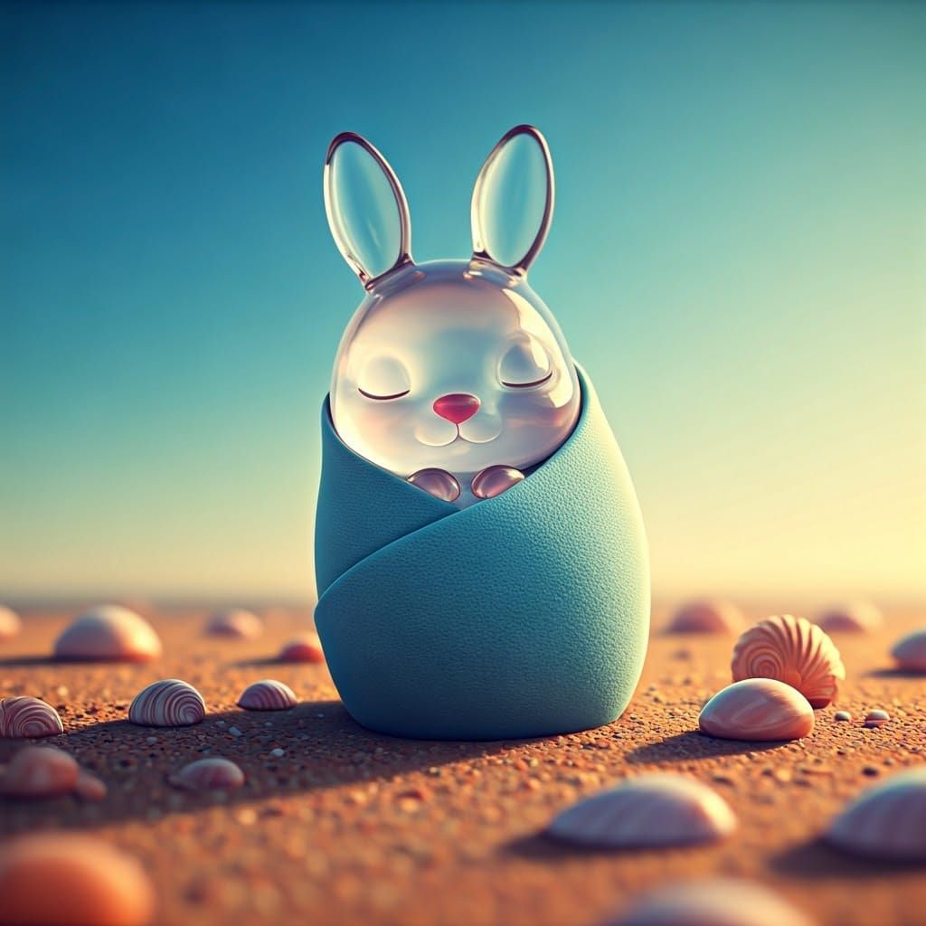 Glass Bunny Sleeping on Beach, Pixar-Style Digital Art