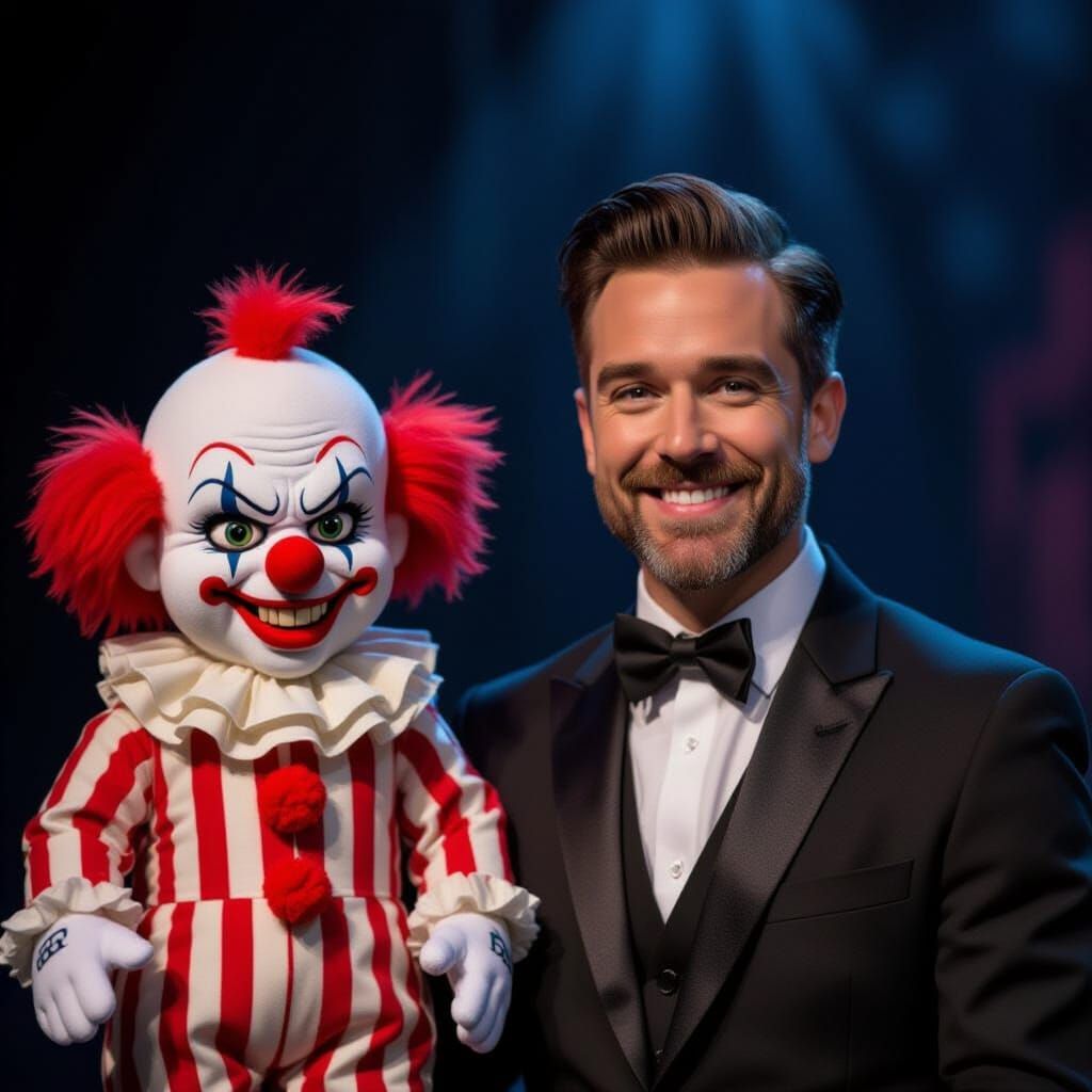 Ventriloquist and Evil Clown Plushie Perform on Stage