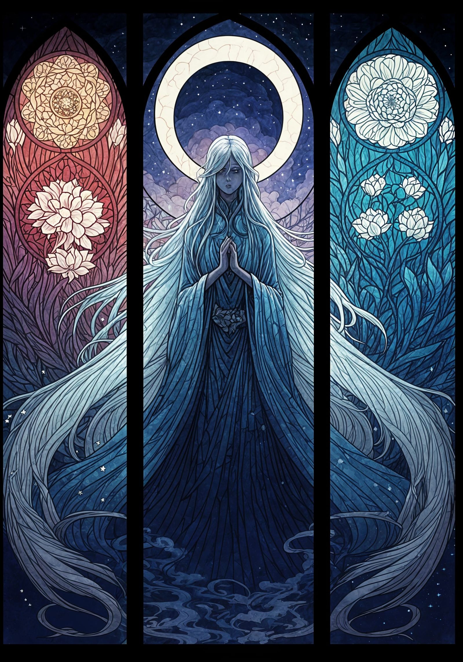 Floral Moon Goddess in Anime Stained Glass Style