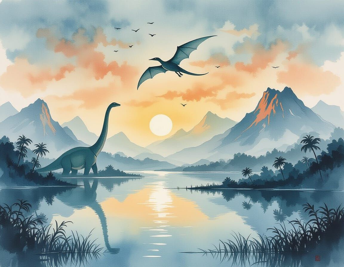 Pterodactyl Soaring: Chinese Ink Painting of Dinosaurs