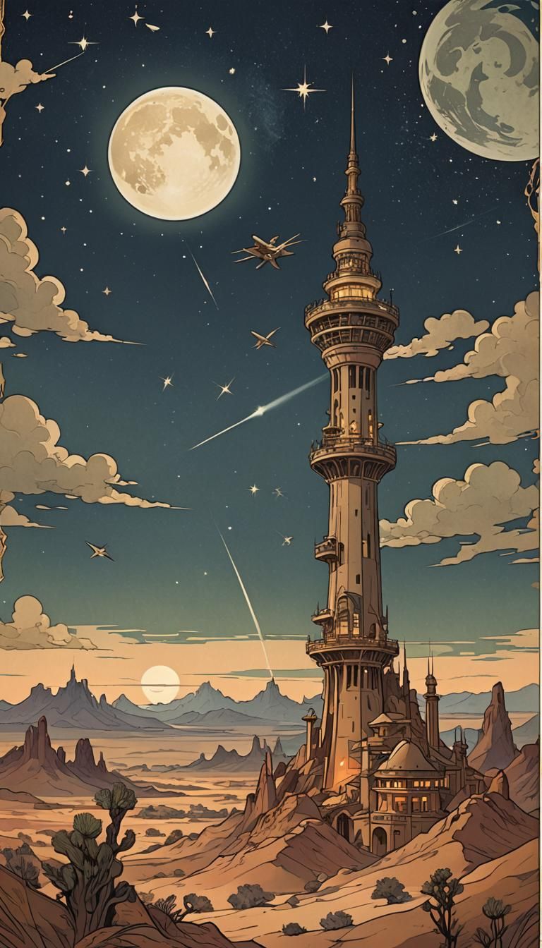 Desert Night Jet Fighters in Art Nouveau Style