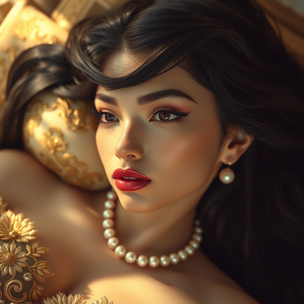 Elegant Woman on Velvet Cushion with Golden Accents