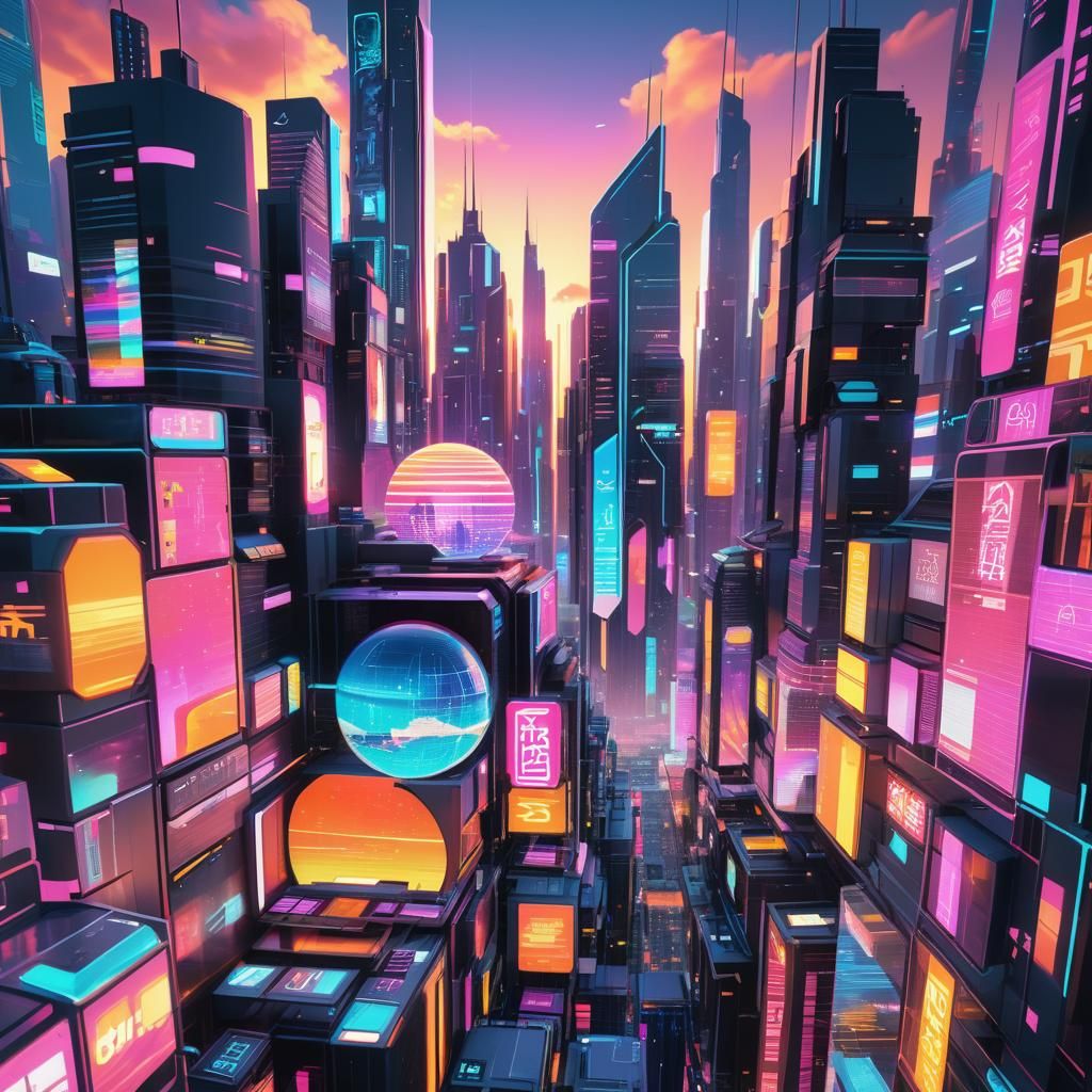 Vaporwave Sunset Over Futuristic Cityscape