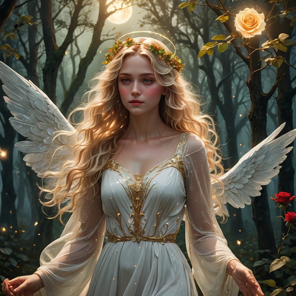 Blonde Angel in Enchanted Forest, Dark Fantasy Art