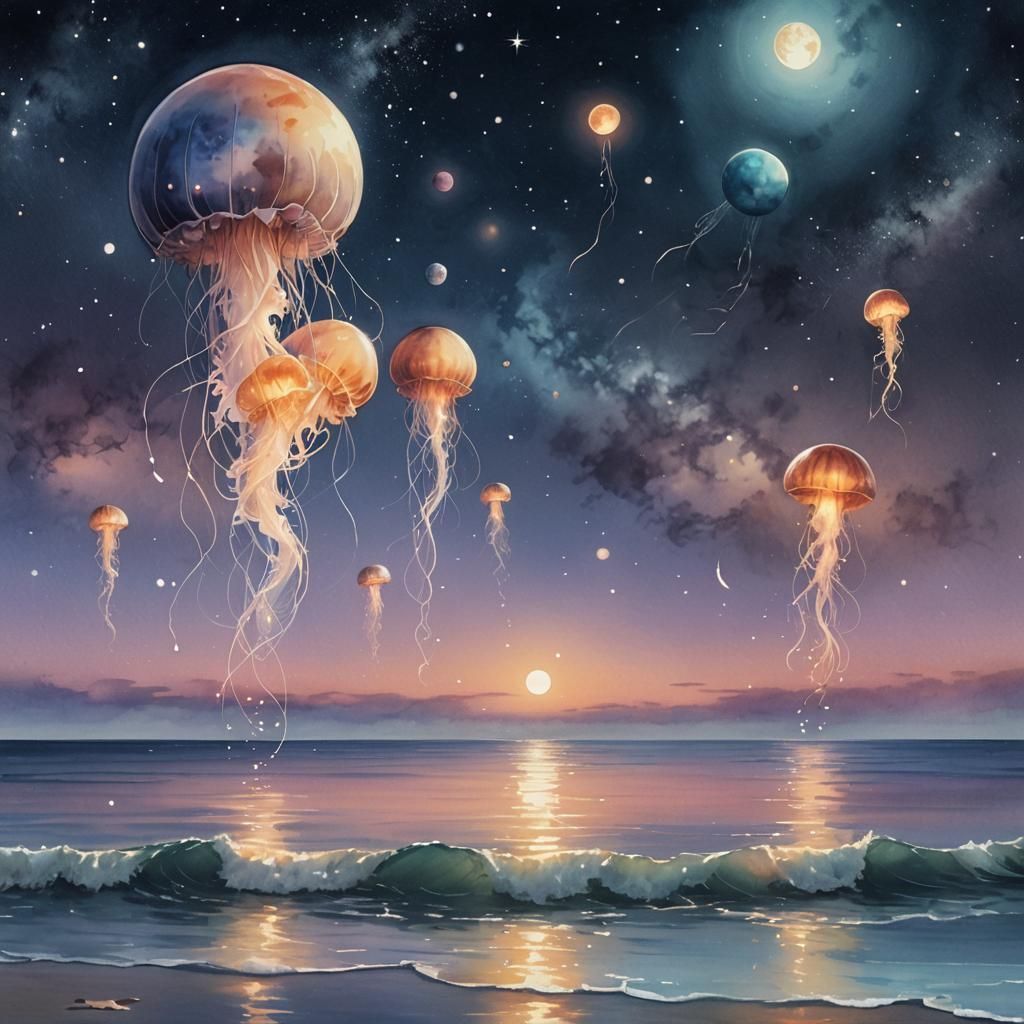 Bioluminescent Jellyfish Float in Starry Ocean