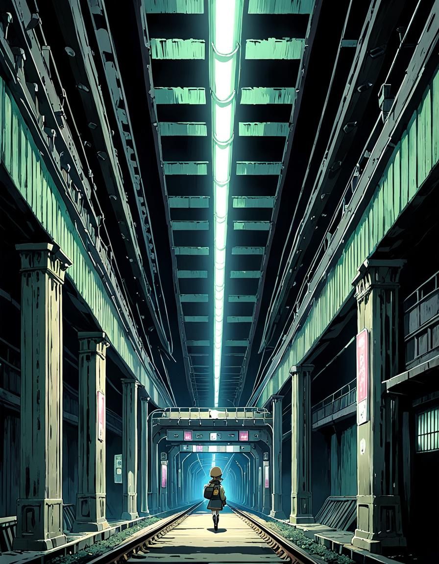 Abandoned Underground Railway Station in Anime Style
