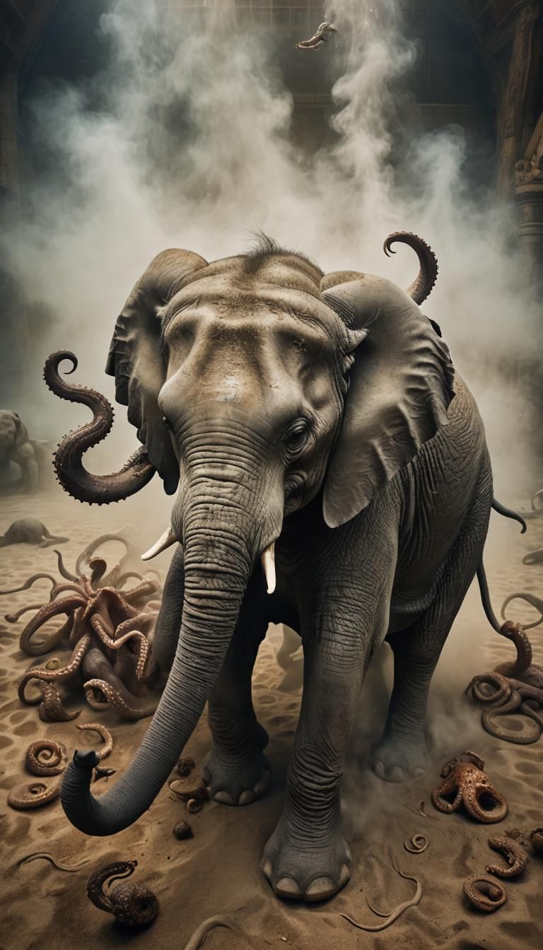 Elephant and Octopus Encounter: Hyper-Realistic Museum Scene