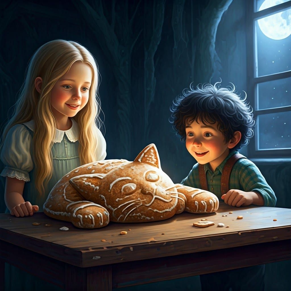 A Whimsical Gingerbread Cat Scene, Rendered in Dark, Muted C...