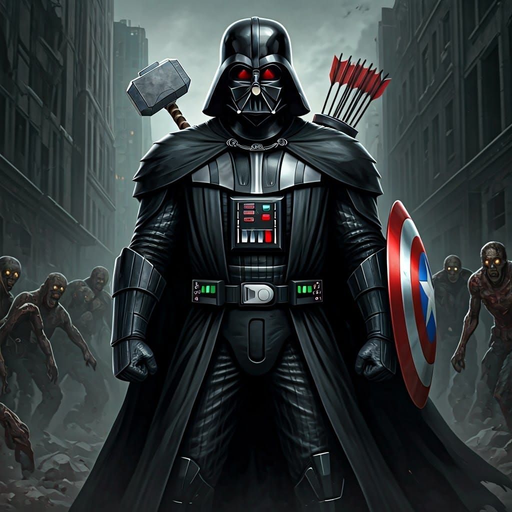 Darth Vader Wields Marvel Weapons Against Zombie Horde
