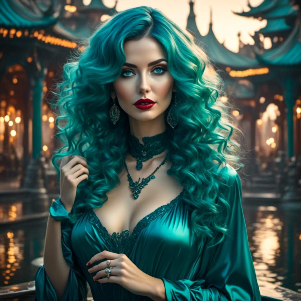 <lora:The shine of latex:1.0> Beautiful woman with wavy teal...