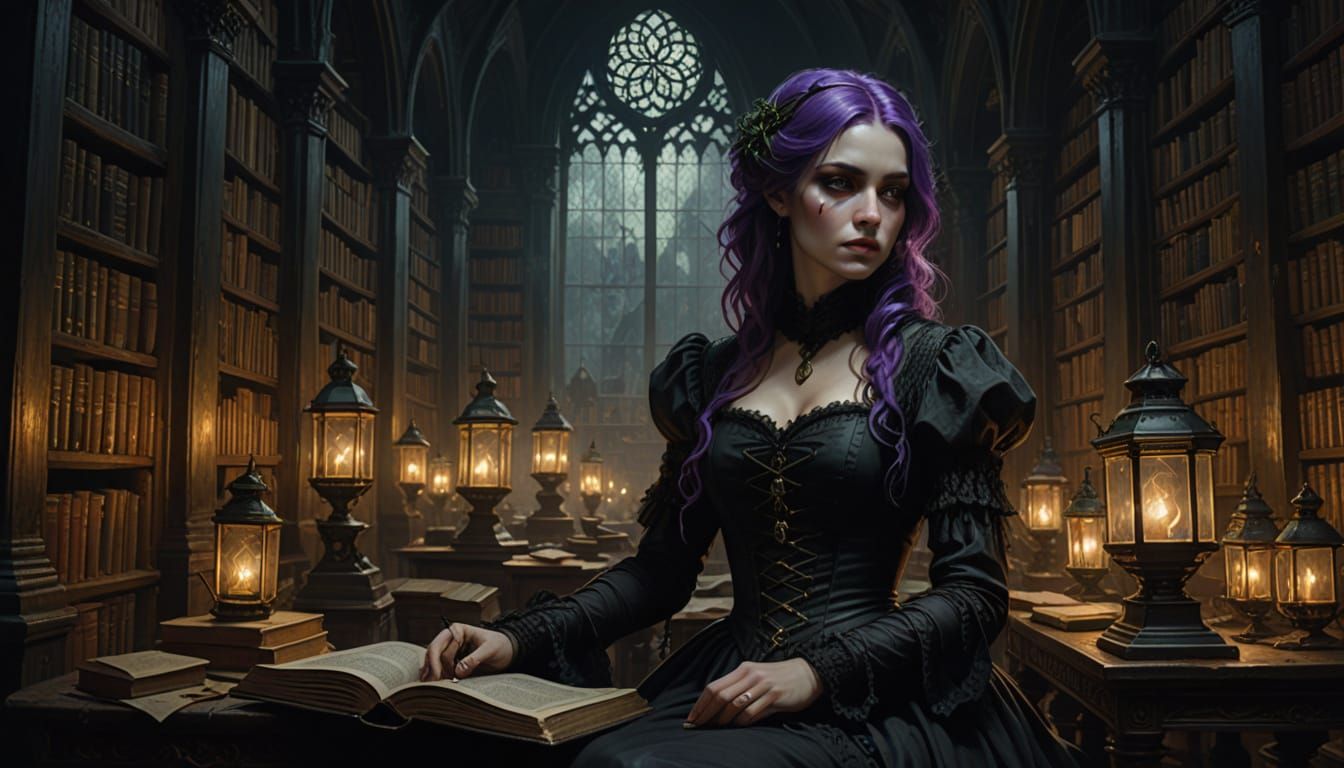 Gothic Woman in Ancient Library: Dark Fantasy Art