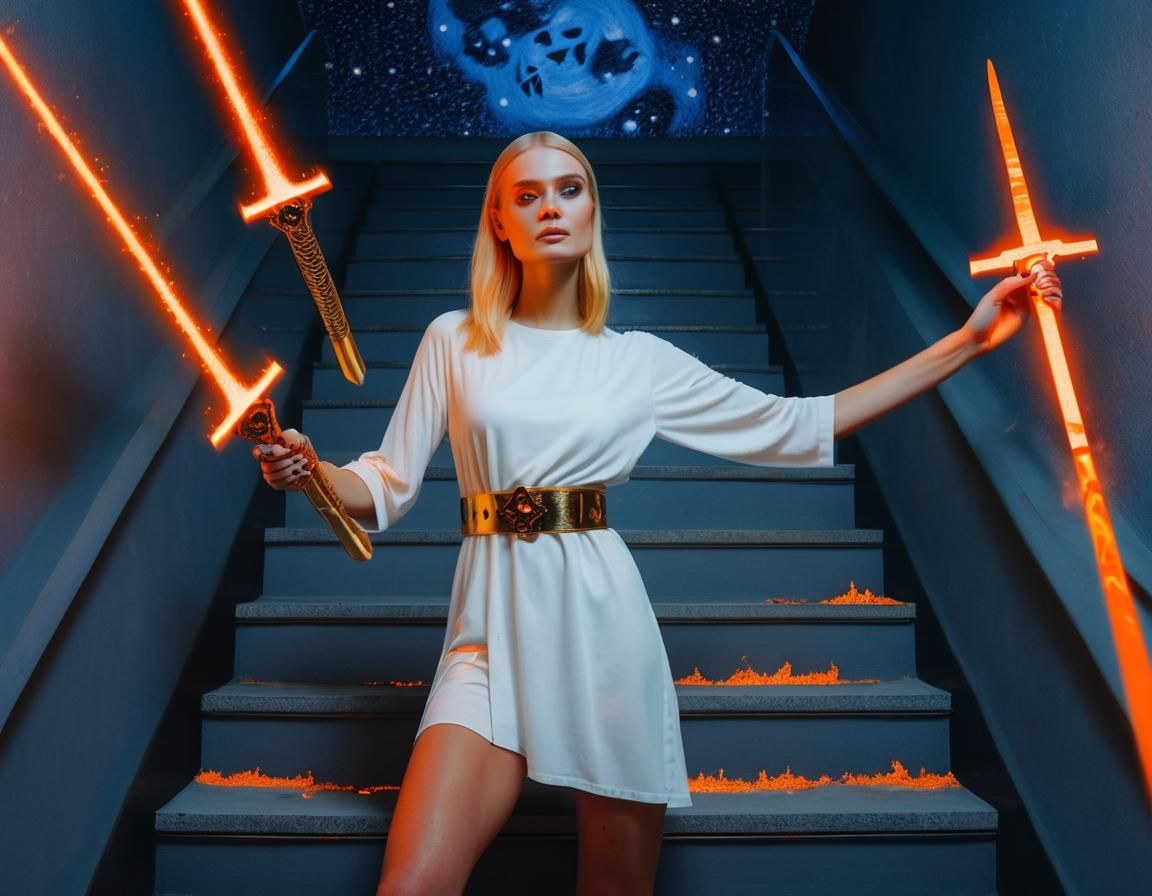 Blonde Girl with Laser Sword in Precisionism Style