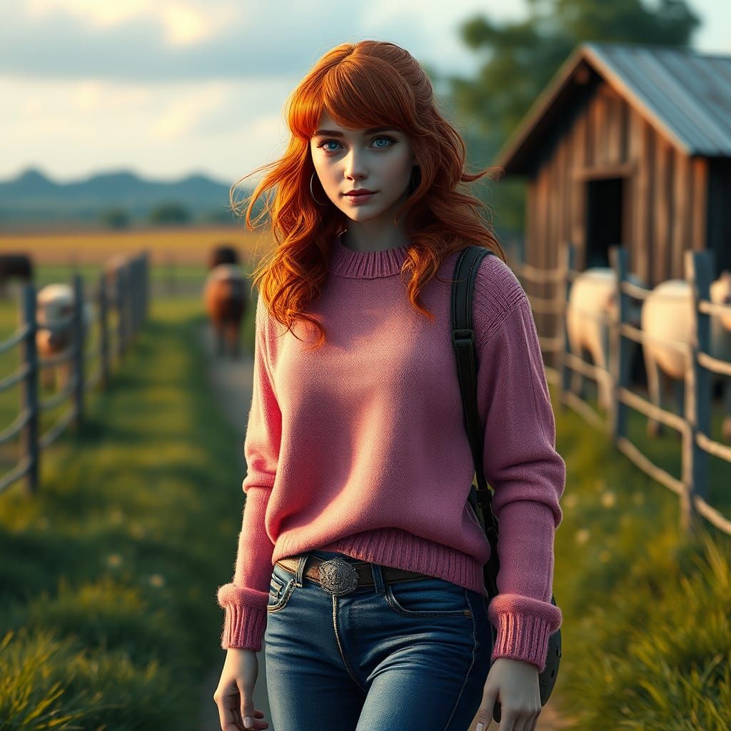 Young Woman on a Farm in Detailed Matte Painting