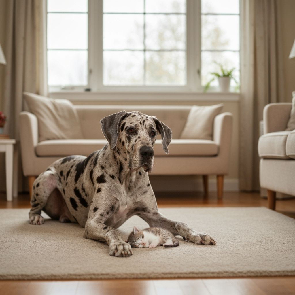 Great Dane Rests Peacefully with Sleeping Kitten