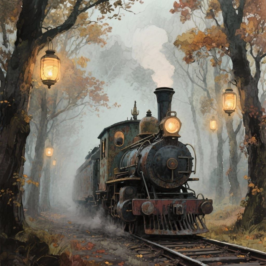 Vintage Steam Train in Misty Autumn Forest with Ethereal Lan...