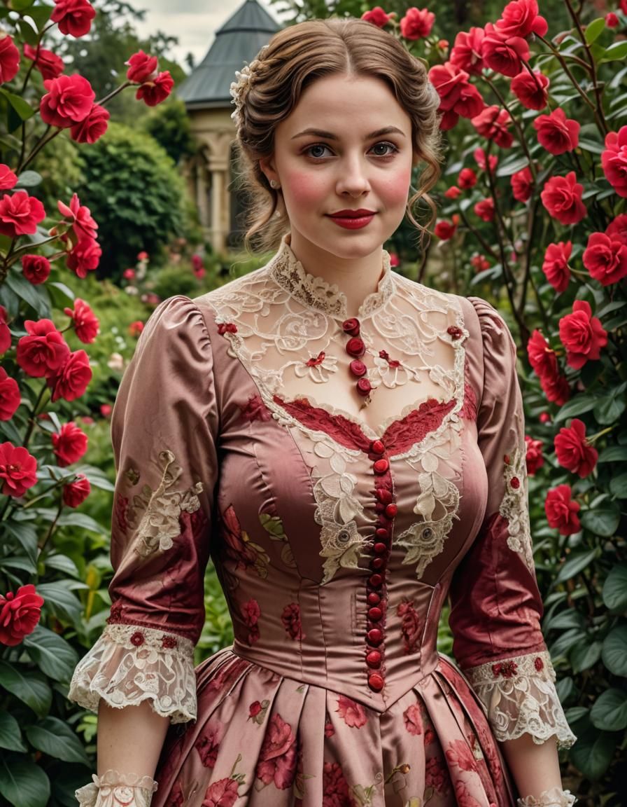 Curvy Woman in Victorian Garden, Detailed Photo