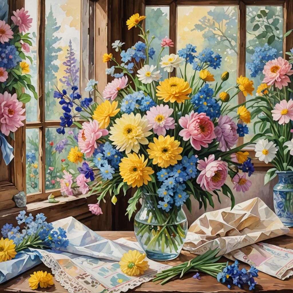 Floral Bouquet in Gouache and Watercolor Style