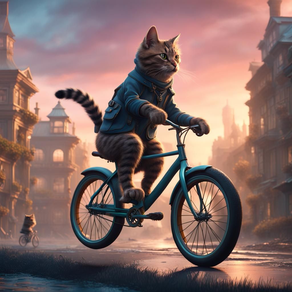 Cat Rides Bike: Detailed Fantasy Concept Art