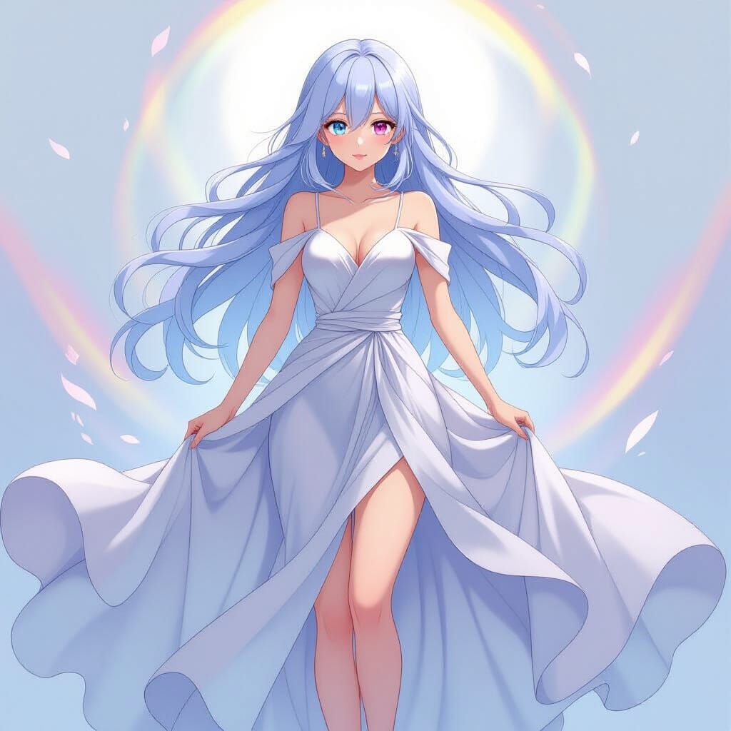 Anime Girl in Silver Dress with Colorful Eyes