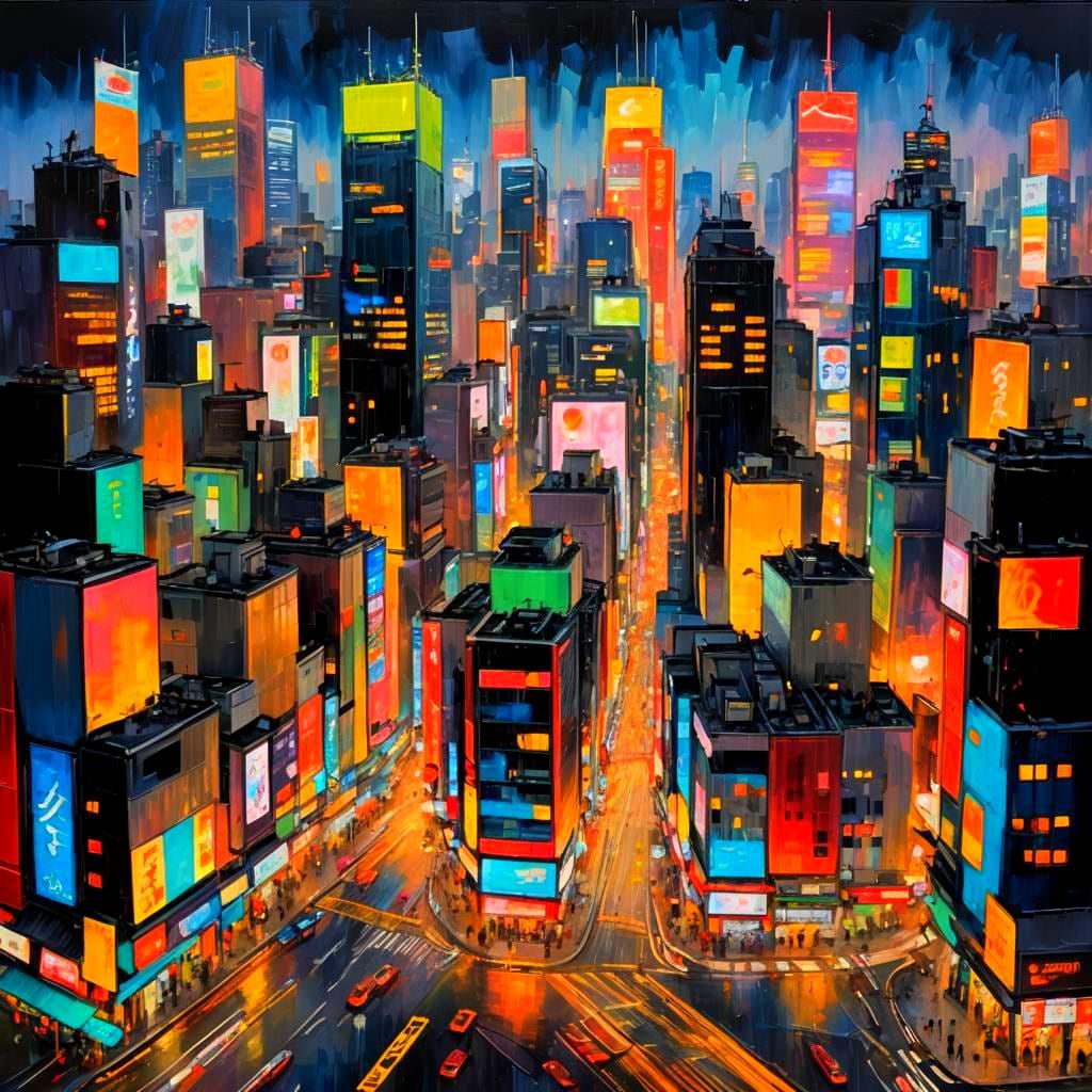 Tokyo Nightscape: Expressionist Impasto Oil Painting