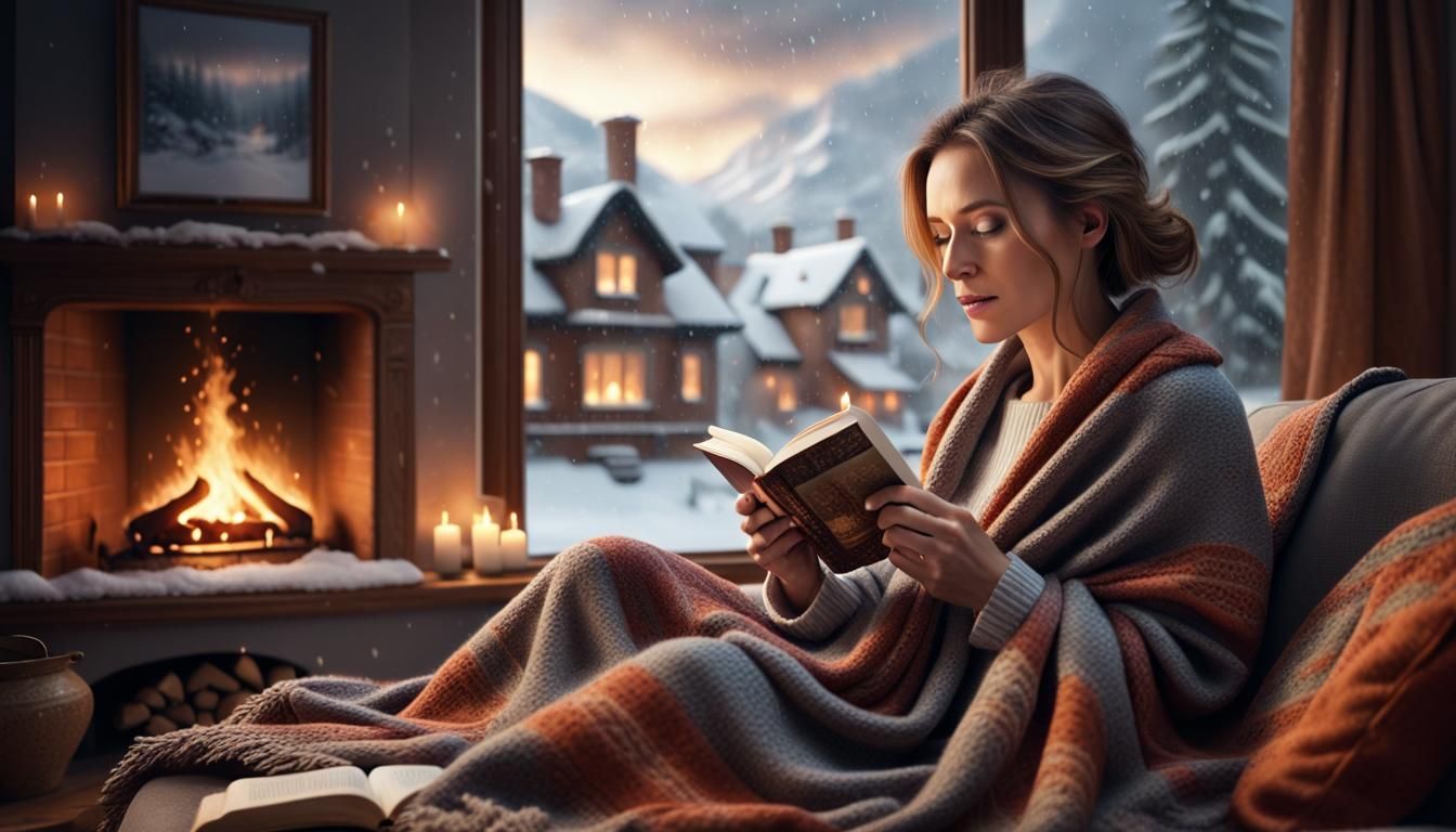 Cozy Woman Reading by Fireplace in Winter