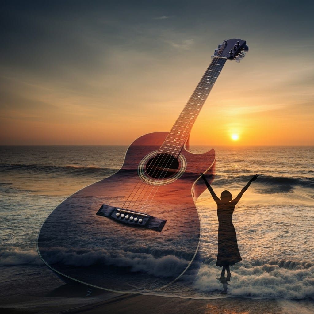 Ocean Guitar Sunset with Dancing Silhouette