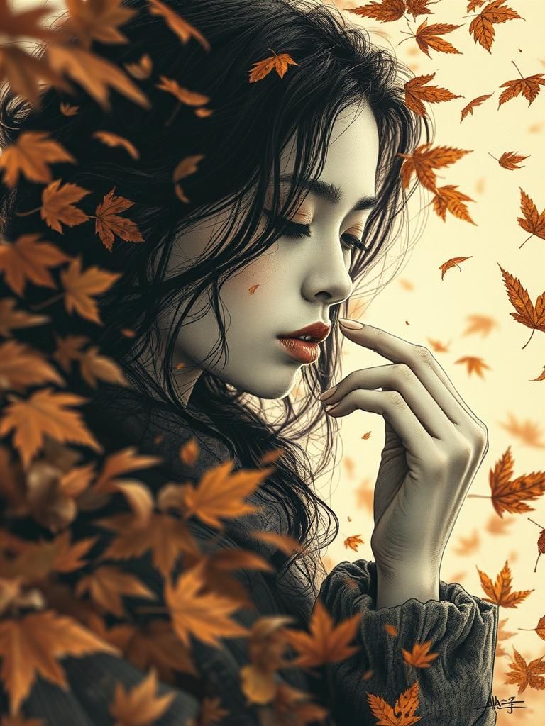 Melancholic Woman in Autumnal Ink Drawing