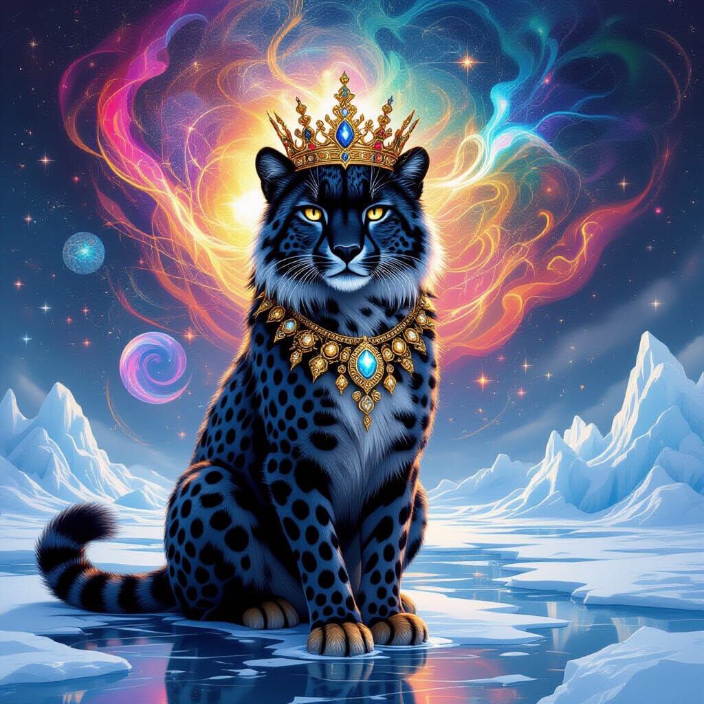 Black Cheetah with Gold Crown on Ice