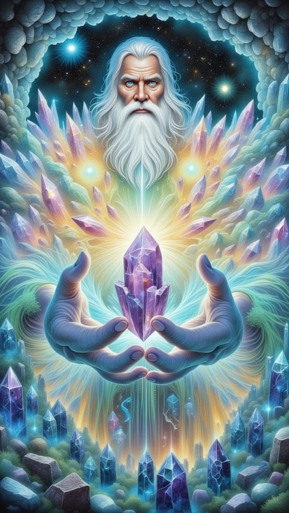 Ethereal Wizard Merlin in a Celestial Cave