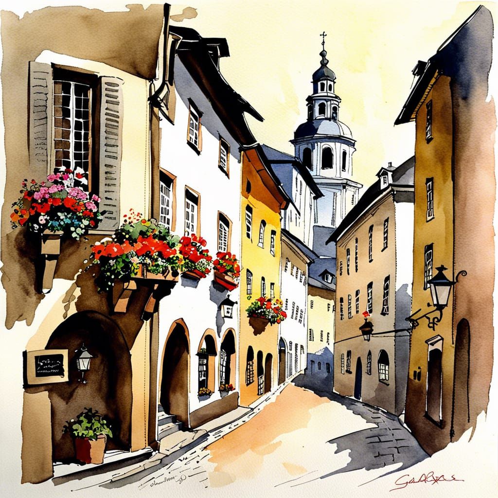 Salzburg's Getreidegasse: Ink and Watercolor Painting