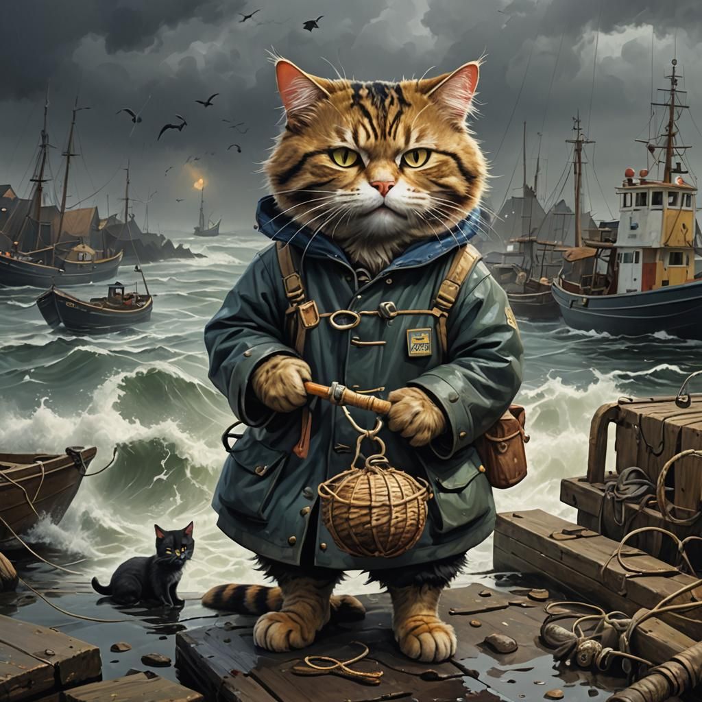 Sinister Fisherman Cat in Sou'wester, Greg Rutkowski Style