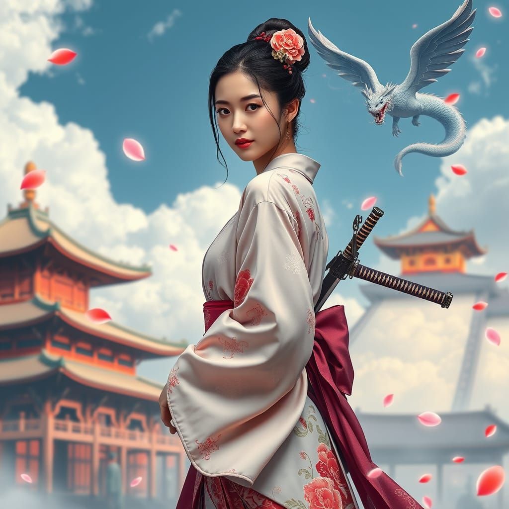 Japanese Woman with Katana and Dragon in Fantasy Style