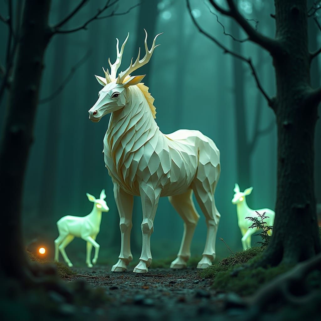 Origami Centaur in a Mystical Forest Scene