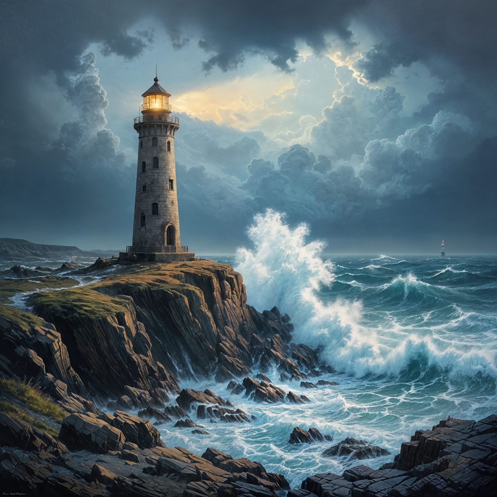 Ancient Lighthouse Beacon in Stormy Seas Oil Painting