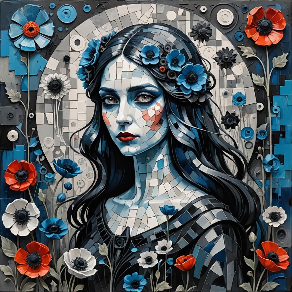 Gothic Woman and Anemone Abstract Ceramic Portrait