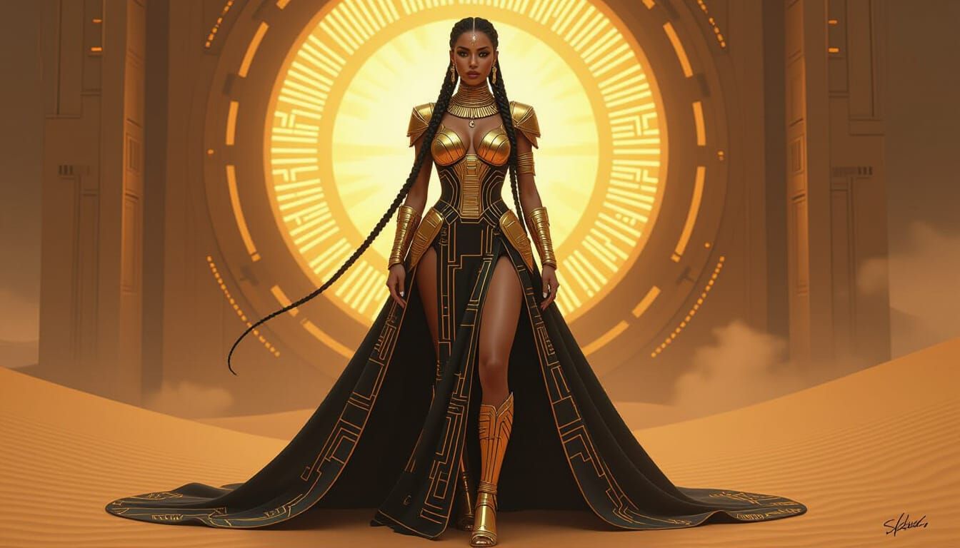 Woman in Glowing Gold Gown and Obsidian Jewelry