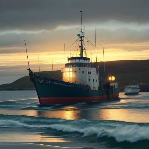 Scottish Harbor Sunset: Fishing Trawler in Oil Painting Styl...