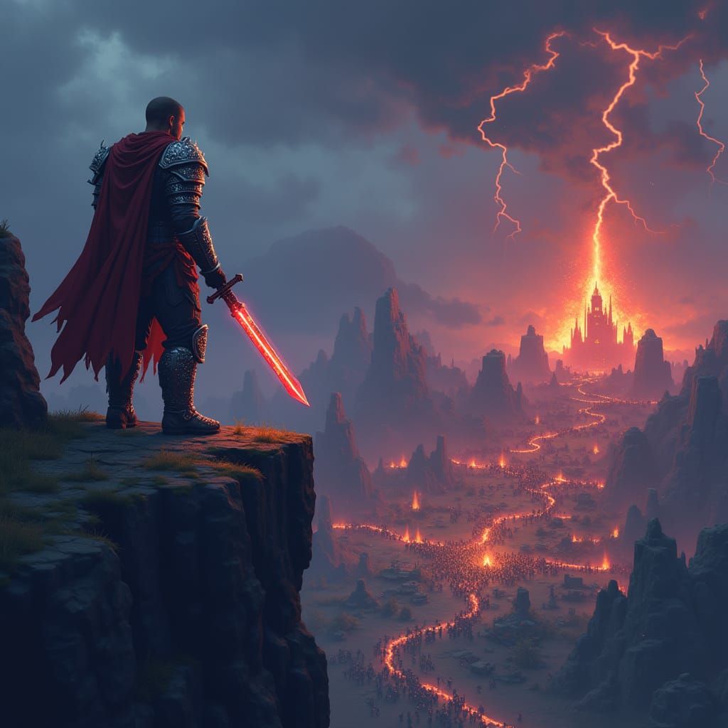 Minecraft Adventurer Overlooking Burning Zombie Village