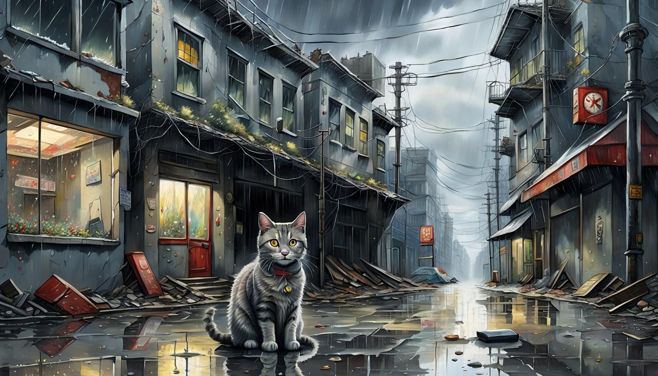 Tabby Cat in Empty Post-Apocalyptic City