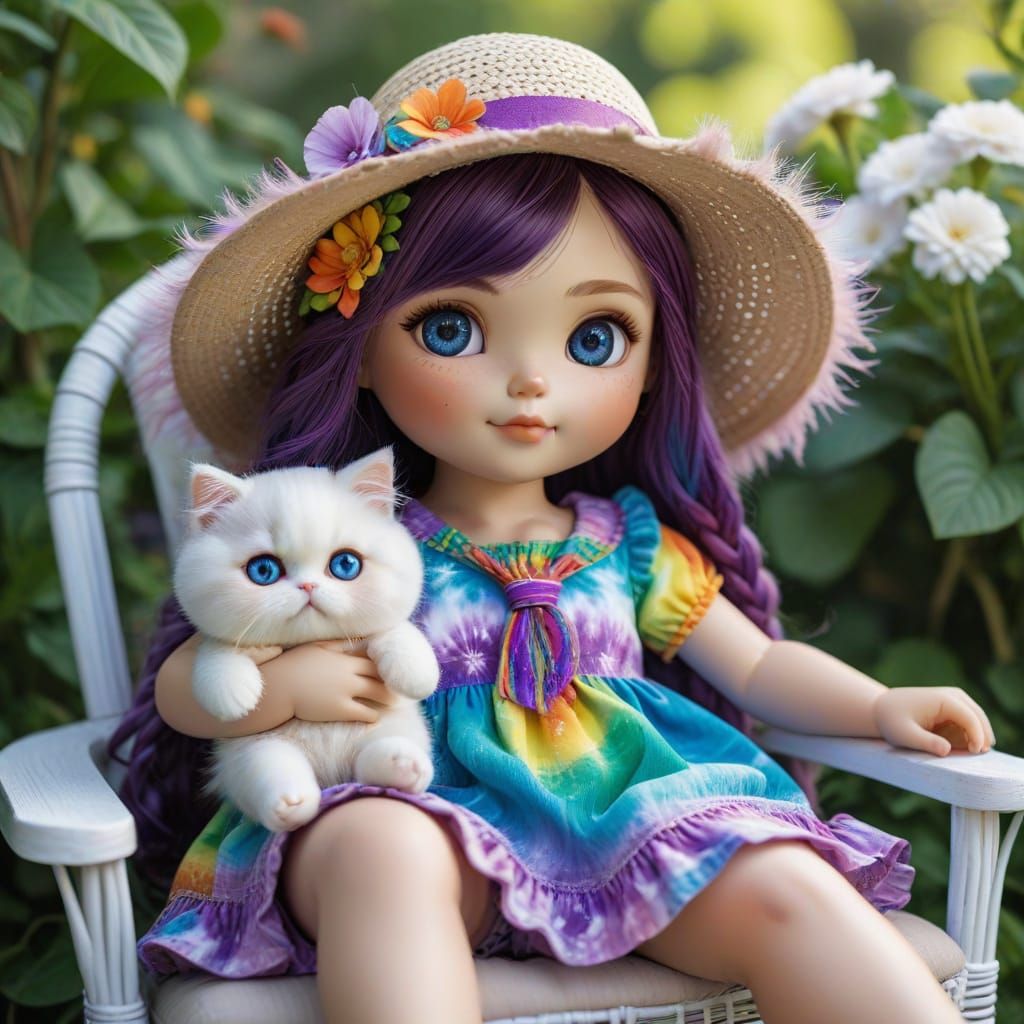 A ultra-realistic photo of a whimsical chubby chibi doll with rainbow hair neatly combed and parted down the middle one ...