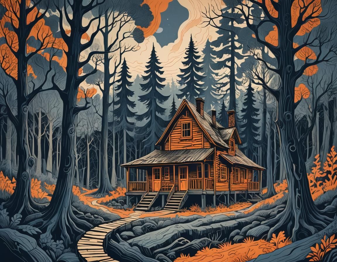 Surreal Cabin in Forest, Lino-Cut Print Style