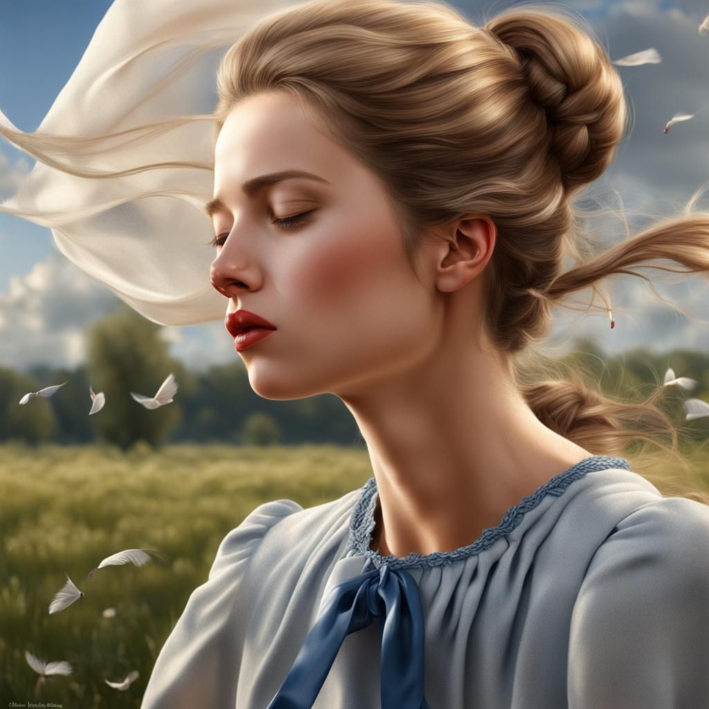 Photorealistic Portrait: French Lady Kisses Wind