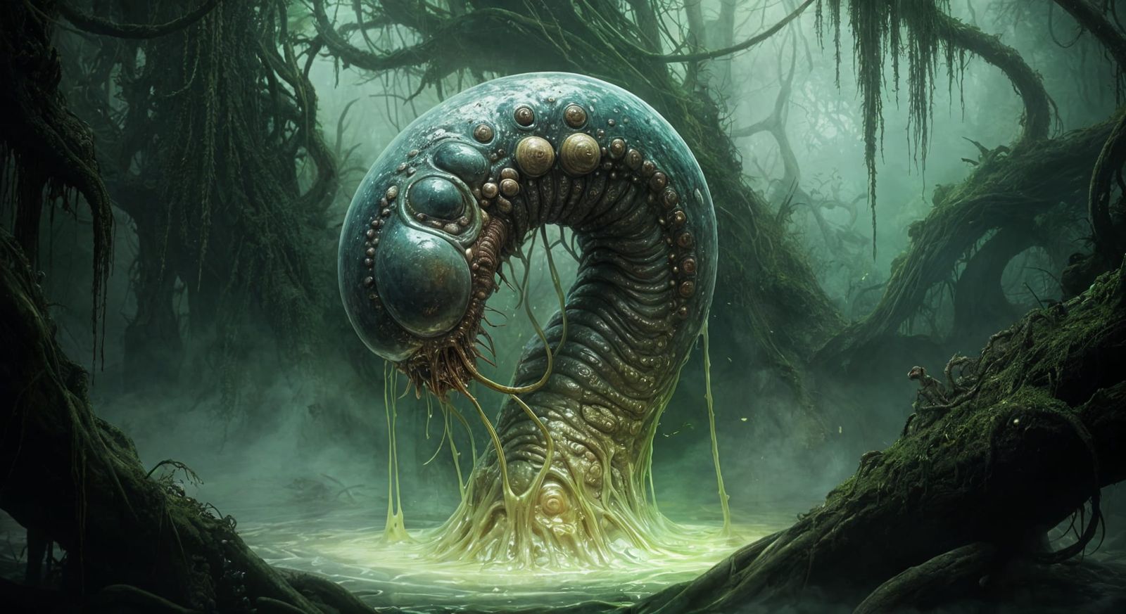 Primordial Ooze Creature Emerges in Steamy Jungle Scene