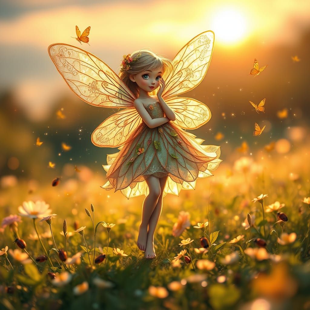 Golden Ladybugs Dance Around a Whimsical Fairy in a Sunset M...